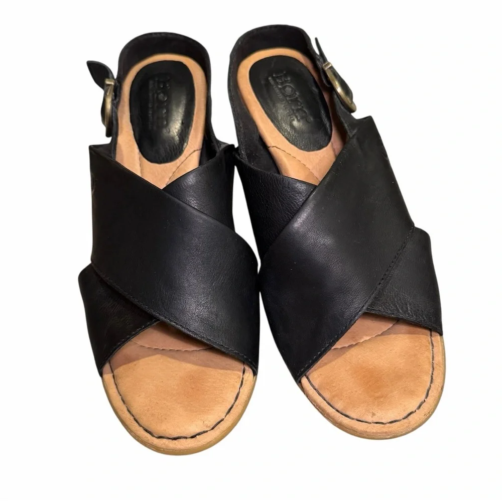 Born‎ Black Leather Cross Strap Slingback Block Heel Sandals Women’s 8